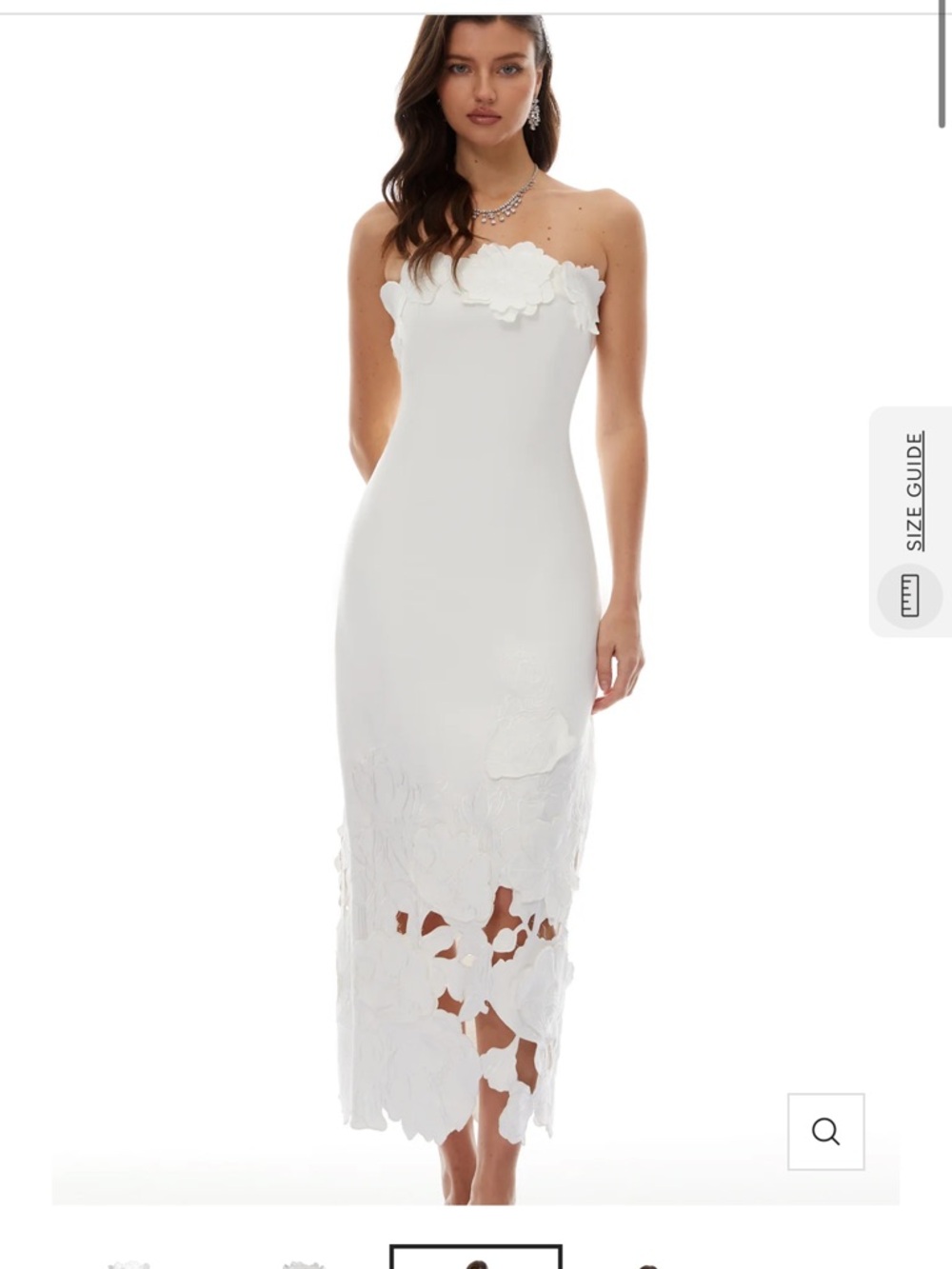 Strapless White Floral Appliqué Midi Dress